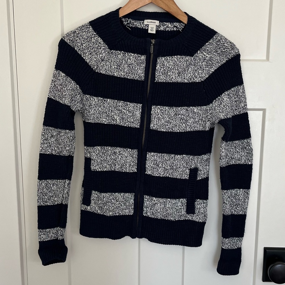 LL Bean Striped Zip Up Cardigan Sweater